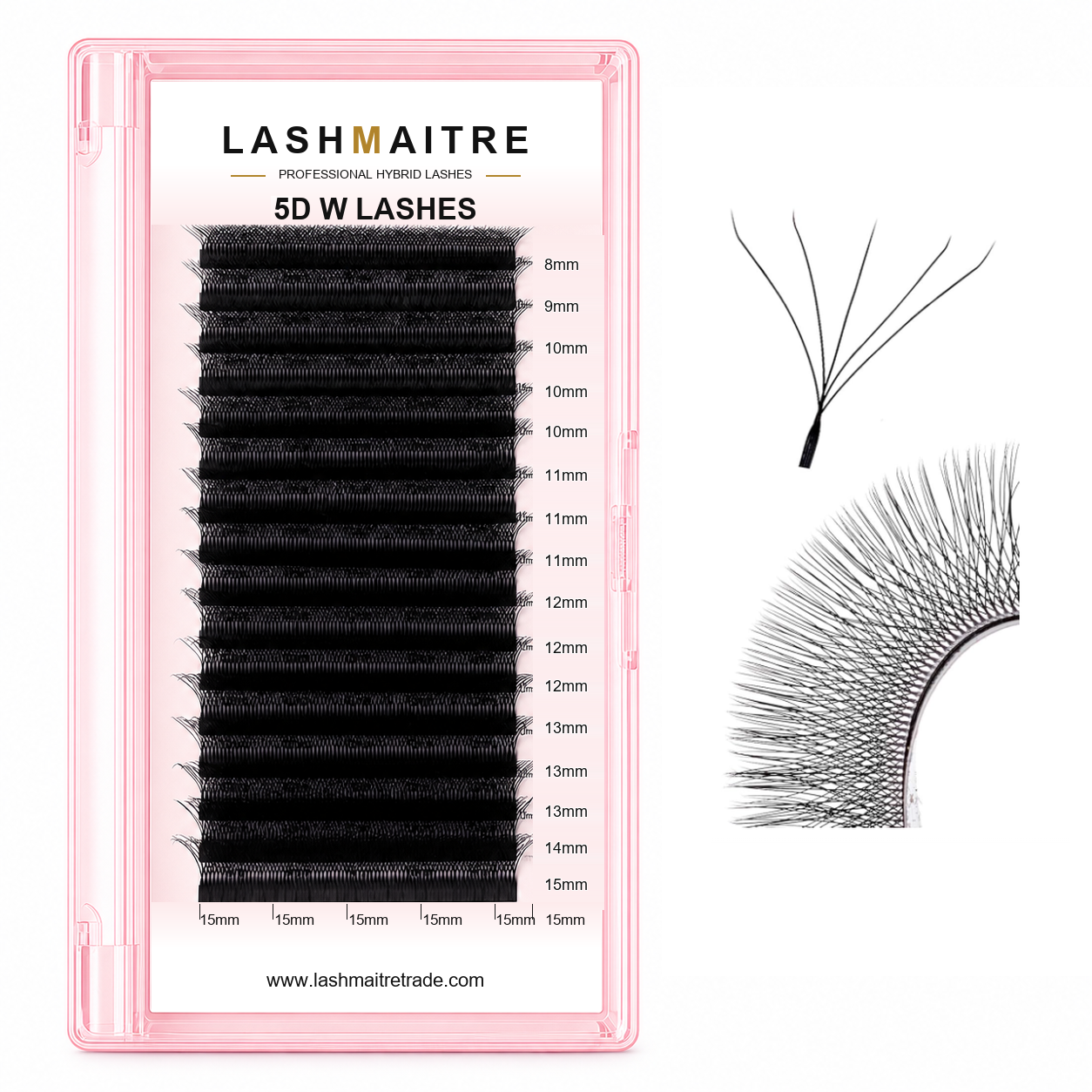 LASHMAITRE W Shape 5D Premade Volume Fan Lashes 5D W LASHES main product image with row-aligned 8-15mm labels